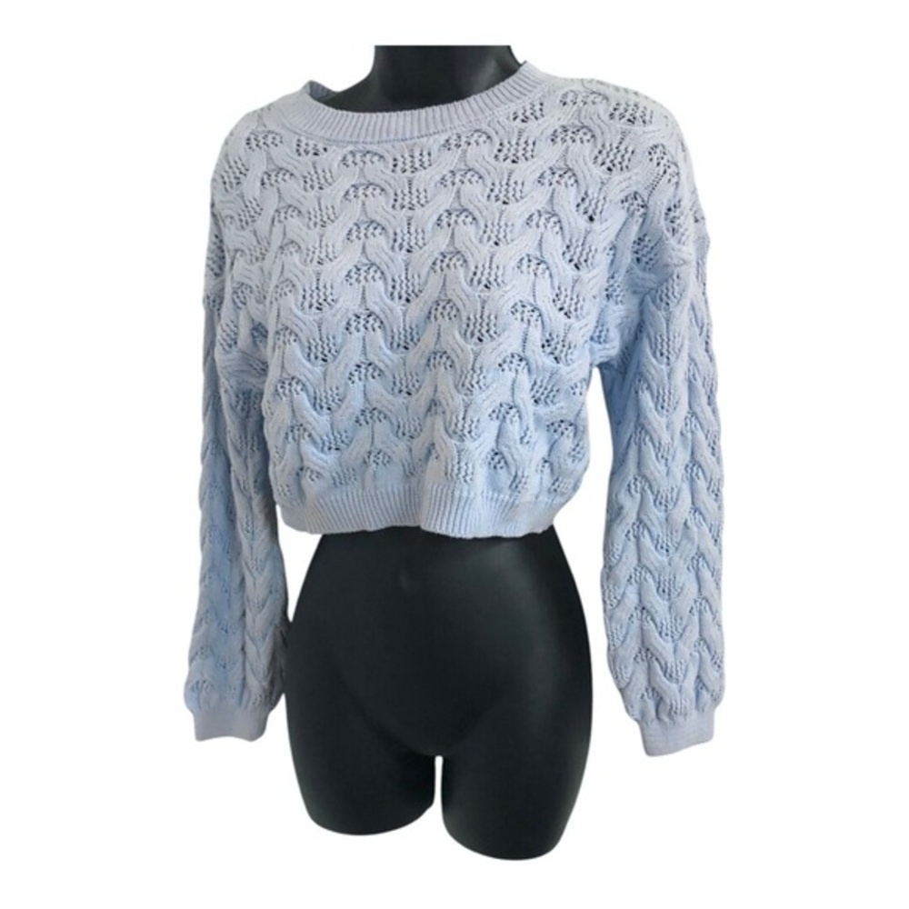 Cutest blue cable knit crochet style‎ cropped  crewneck sweater size XS new